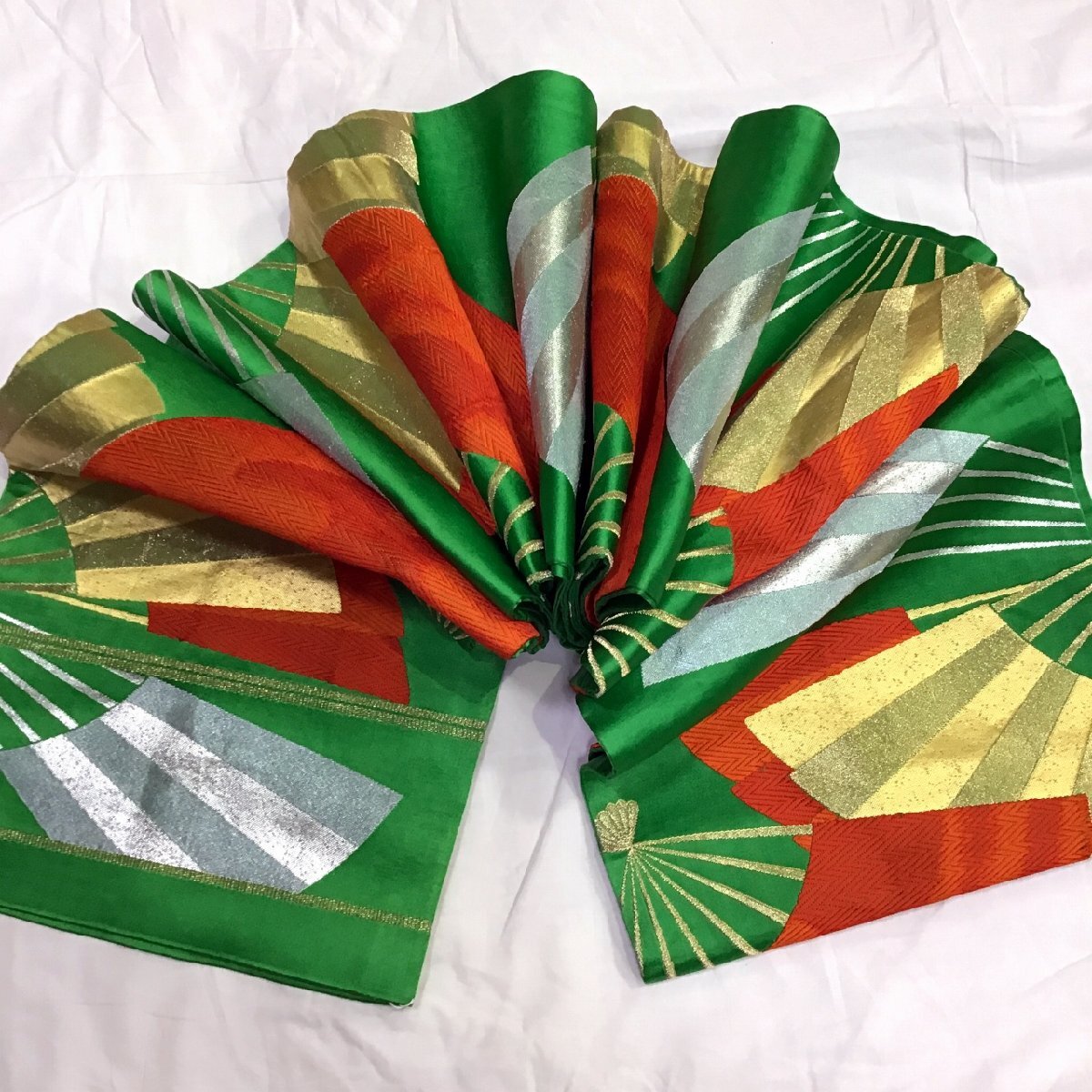 正絹・袋帯・緑地・金・銀・扇子・No.200701-0898・梱包サイズ60拍卖