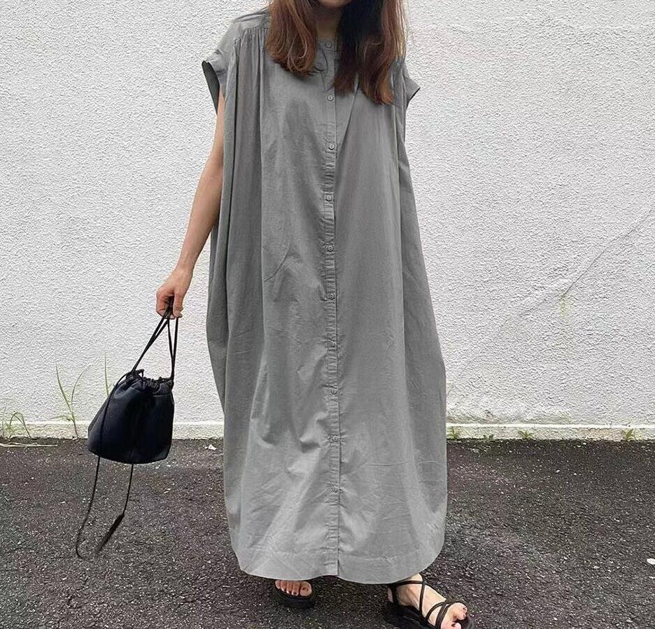 LB261 ロングワンピース レディース リネン風 体型カバー マキシワンピース ゆったり 通勤 可愛い シャツワンピース グレー拍卖