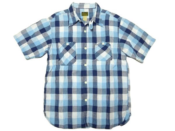 ★麻100%♪クッシュマン★半袖チェックシャツL/リネンシャツCushmanワークシャツメンズ半袖シャツチンストラップ拍卖