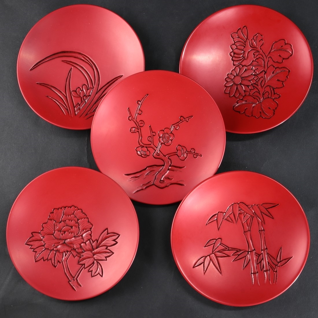 ◆◇村上堆朱 五清図銘々皿 5客 (菊・竹・梅・水仙・牡丹)天然木 漆器 漆芸 懐石道具 小皿◇◆拍卖