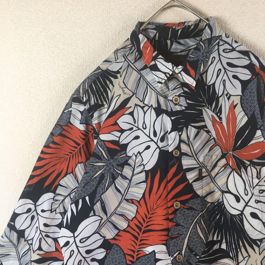 H2デザインシャツ 切り絵調 柄シャツ 長袖 Mメンズ ボタニカル スリム拍卖