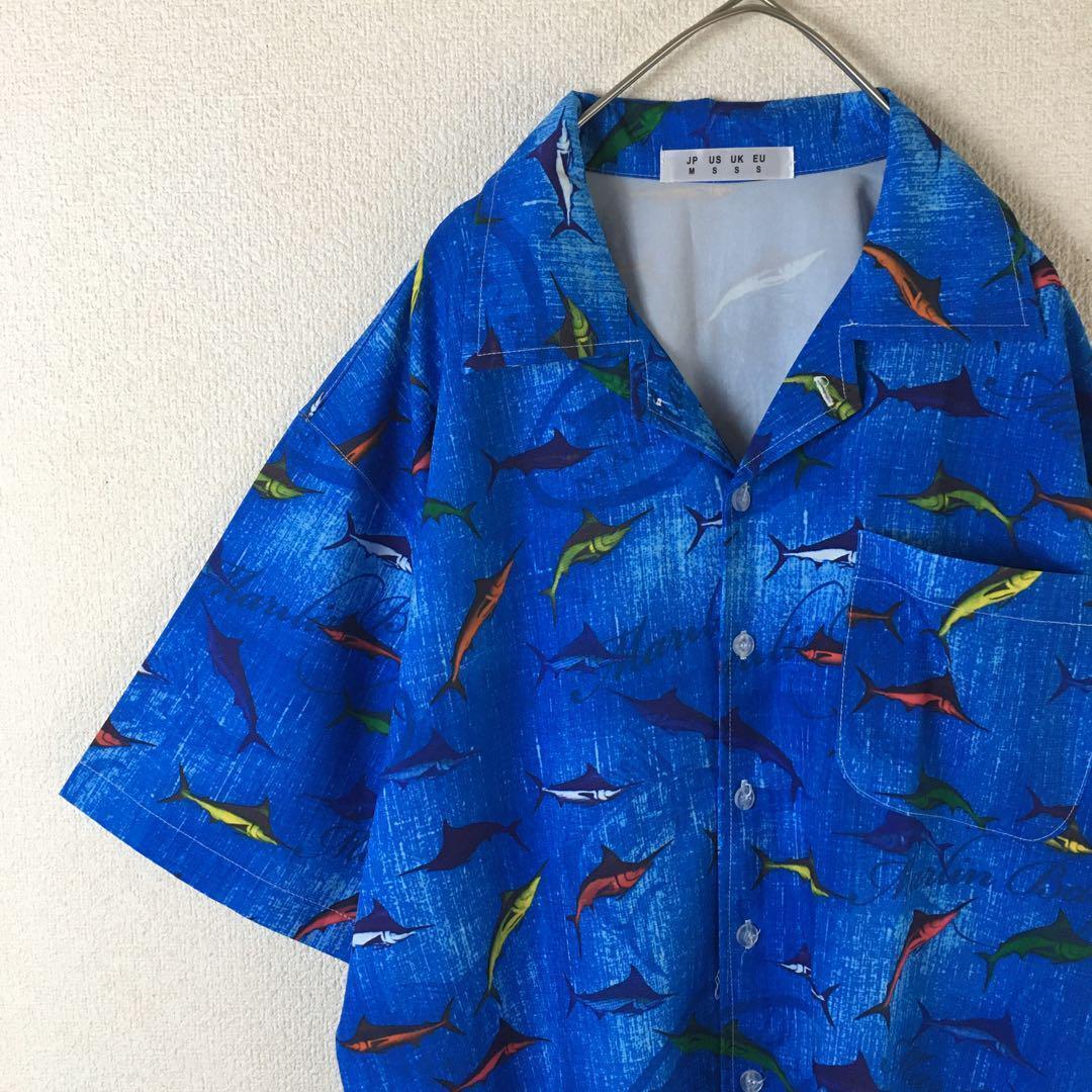 C1 カジキ柄シャツ かすれデザイン 半袖 開襟 古着 Mメンズ 柄シャツ拍卖