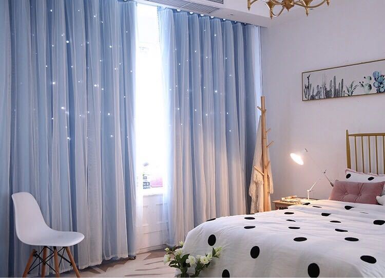 新品 カーテン ブルー ドレープカーテン 遮光カーテン 洗える 透かし彫り星柄 即発送 幅150センチ 2枚組 レース付き 姫系 遮光拍卖