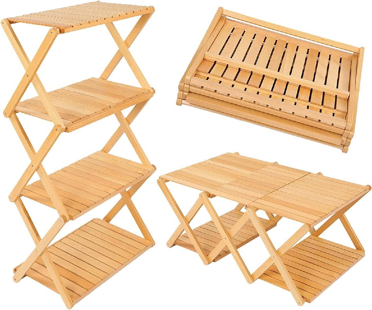 キャンプ 折り畳み式木製ラック アウトドアラック 4段式 折りたたみラック 軽量 キャンプ 棚 両用 コンパクト 天然ブナ 収納棚 キャンプ用拍卖