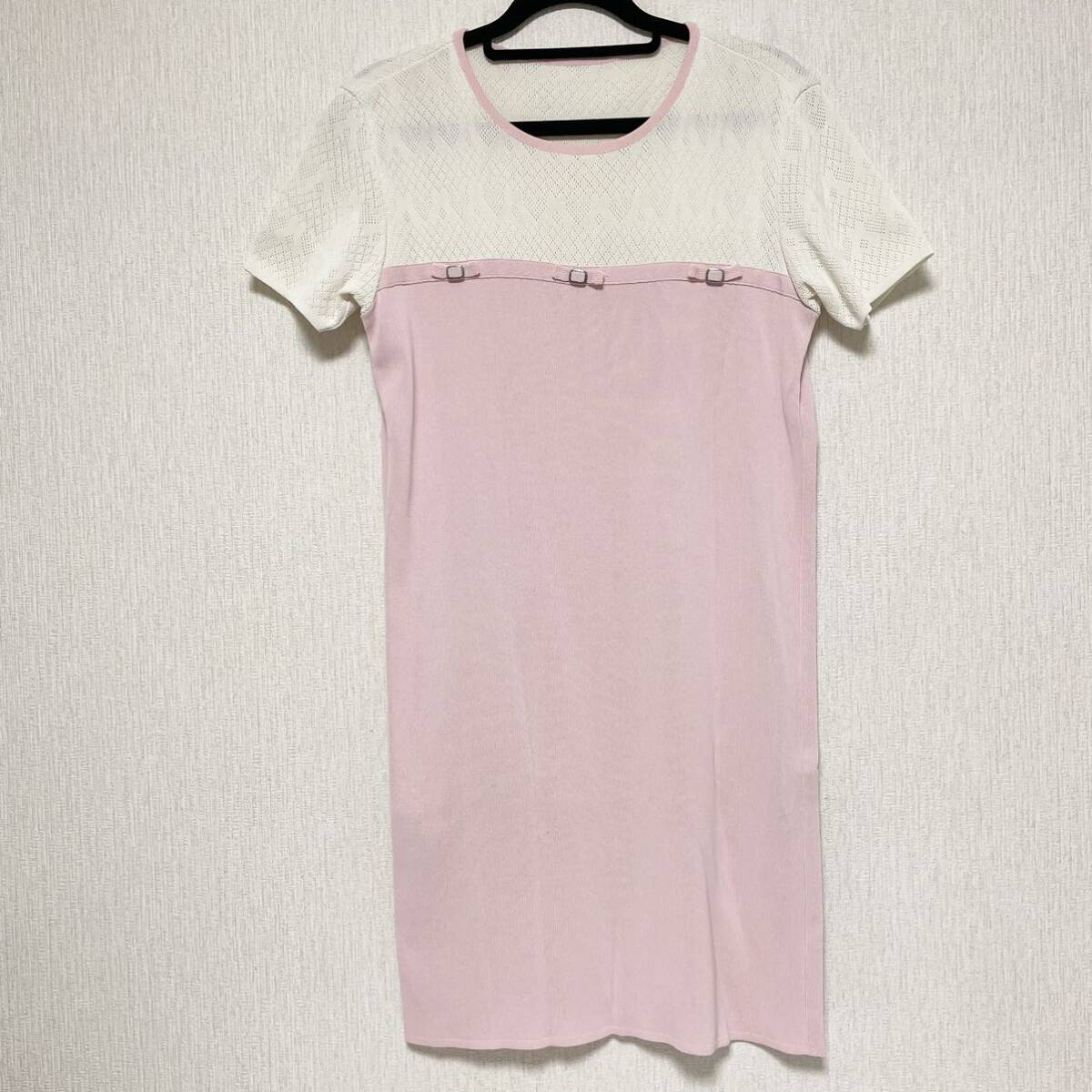 即決☆courreges クレージュ ハート リボン サマーニット ワンピース オフホワイト×ピンク 美品 9AR63拍卖
