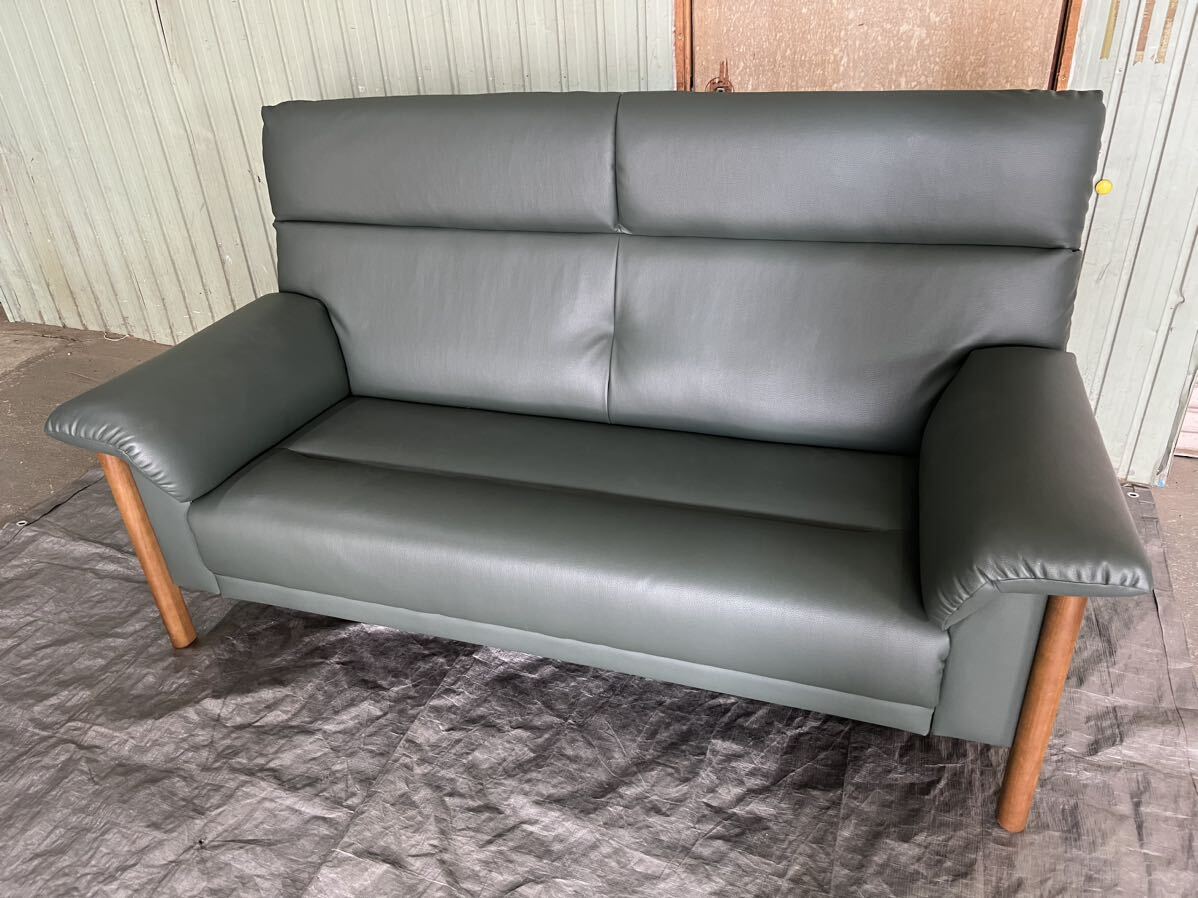 中古品 ファニチャードーム 2人掛け ソファー 合皮 グリーン リビングソファー 現状品 説明文必読 ①拍卖