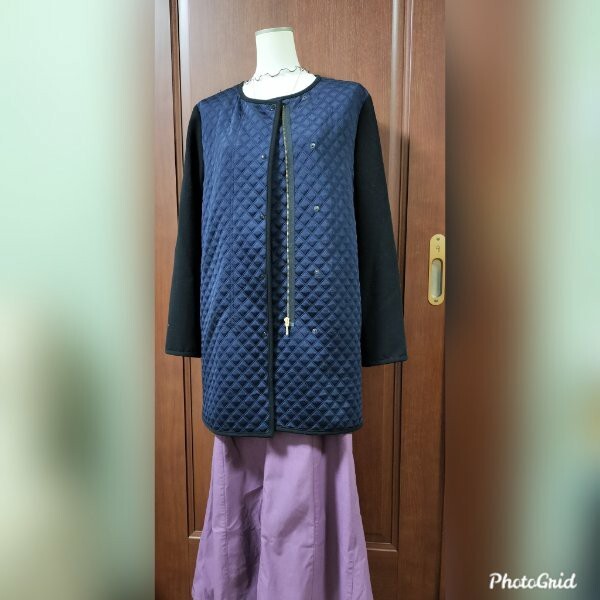 【中古】アクアガール aquagirl ノーカラー コート アウター ミドル キルティング 切替 ジップアップ 38 紺色 M 春物 秋物 ワールド 着痩せ拍卖