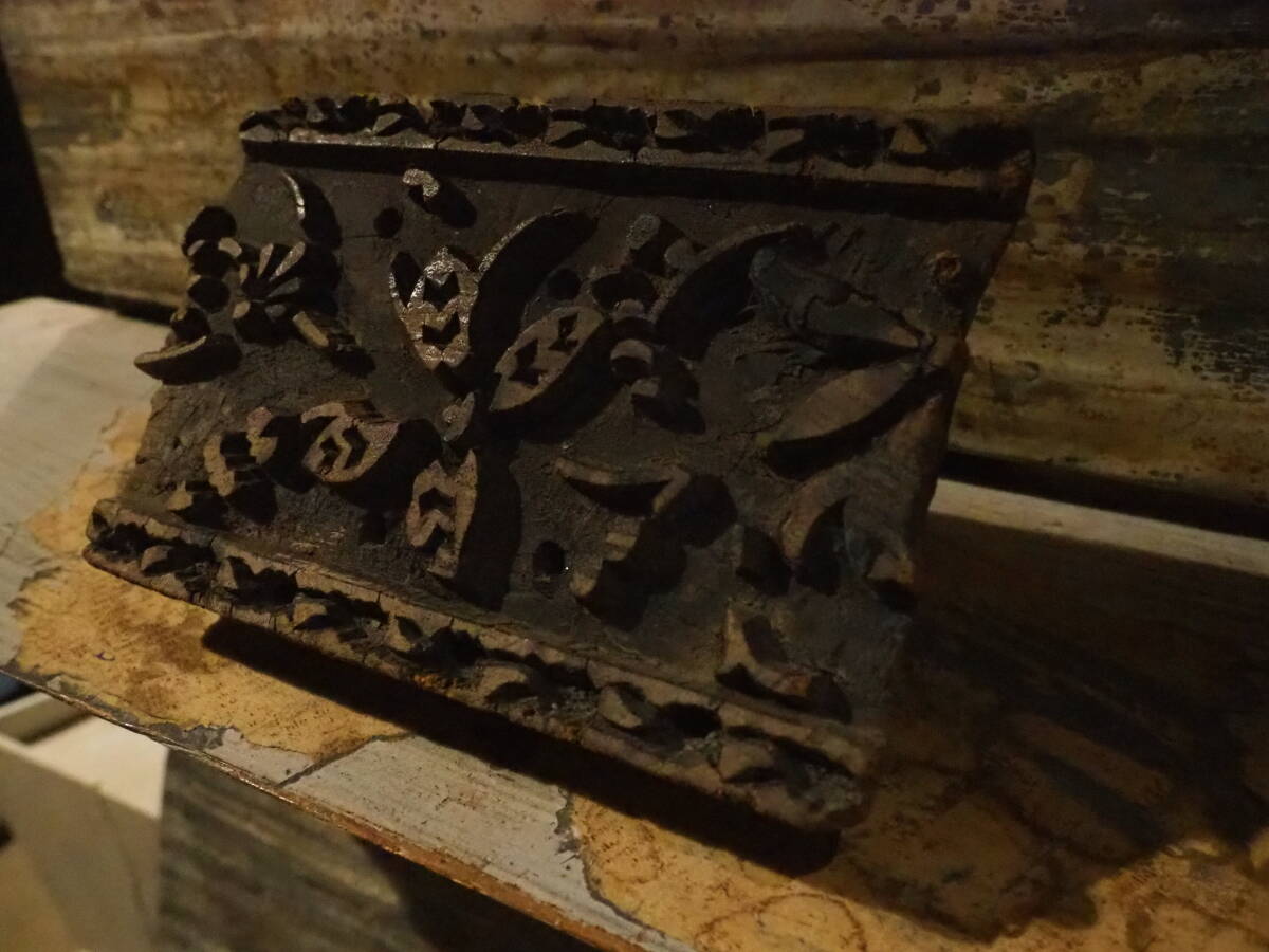 【インド更紗の版木】1910sプリミティブ判子木版スタンプ木彫インテリア古美術アンティーク骨董サリー古道具古木シャビー古布印刷額縁拍卖