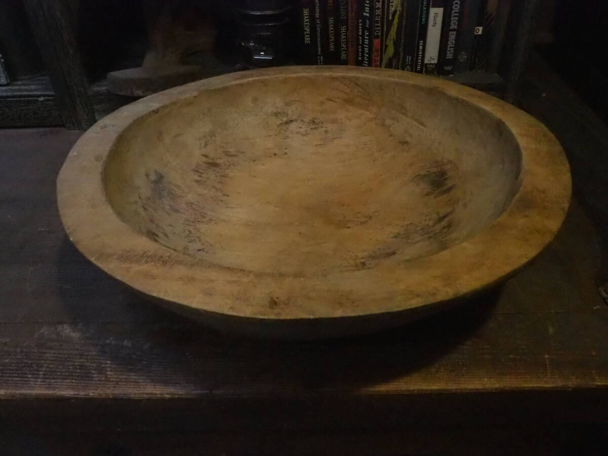 【重厚な無垢こね鉢43㎝】骨董ガーデニング蕎麦打ち花器花入れ古道具アンティーク木製インテリア古民具杵臼ドライフラワー観葉植物拍卖