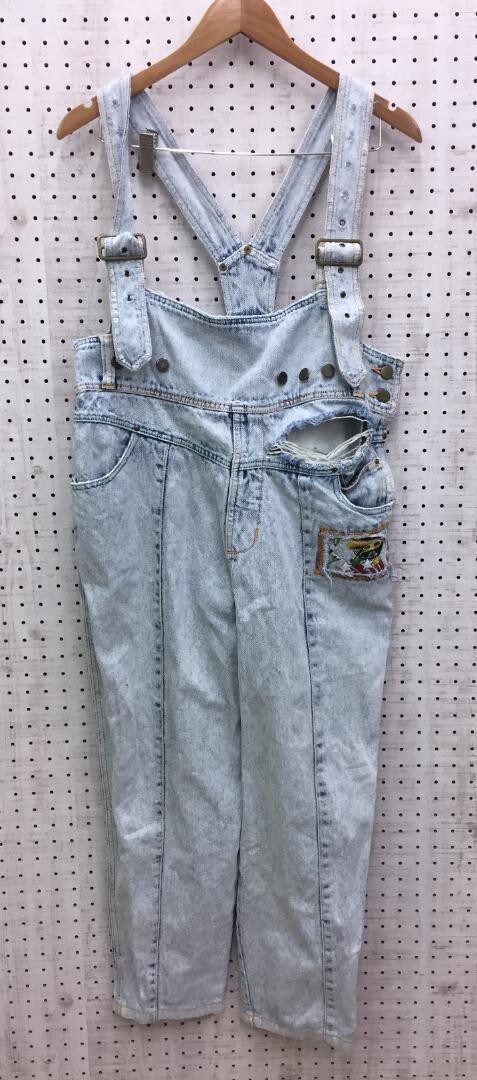 オールド レトロ 80s センターライン ダメージ・クラッシュ加工 刺繍 デニム オーバーオール サロペット ジーンズ パンツ レディース 青拍卖