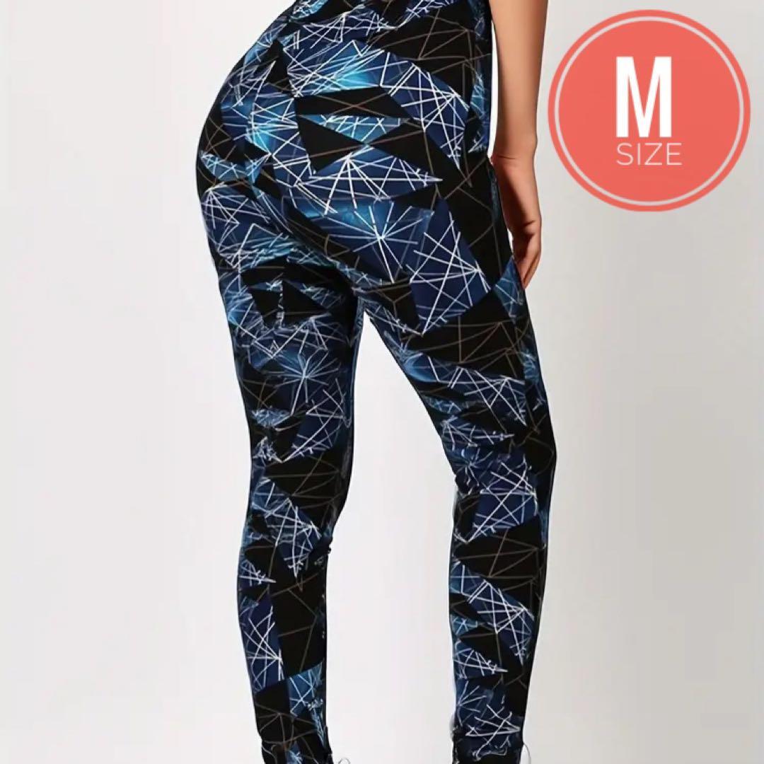 ☆美尻脚長☆ ヨガウェア 総柄 ブルー スパッツ レギンス Mサイズ S-Y1拍卖