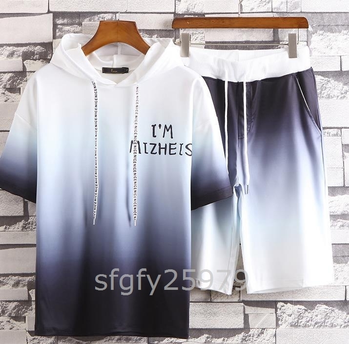 C957涼しい夏新品メンズ ジャージ セットアップ 上下セット おしゃれ フード付き 半袖パーカー 半ズボン グラデーション プリント拍卖