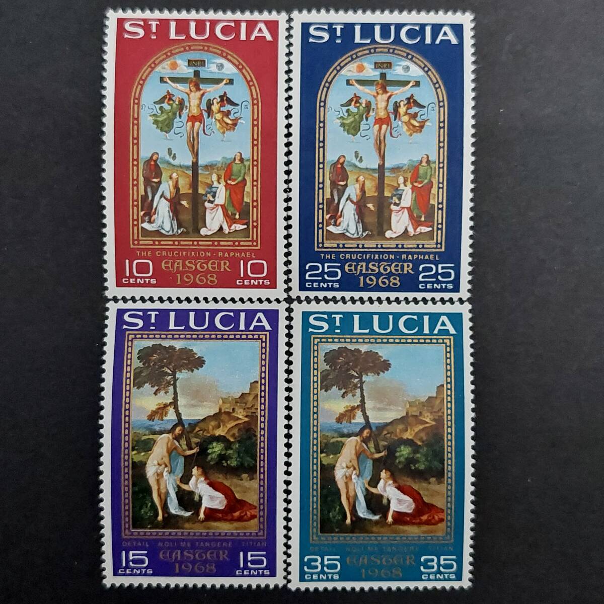 J524 セントルシア切手「1968年イースター切手(ラファエロ『モンドの磔刑』、ティツィアーノ『ノリ・メ・タンゲレ』)」1968年発行 未使用拍卖