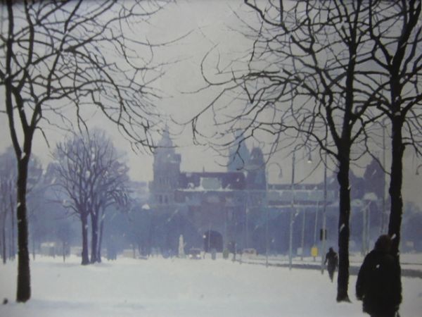 吉崎 道治 【雪の広場】 希少画集画、状態良好、新品高級額装付、送料無料、洋画 油彩 風景拍卖