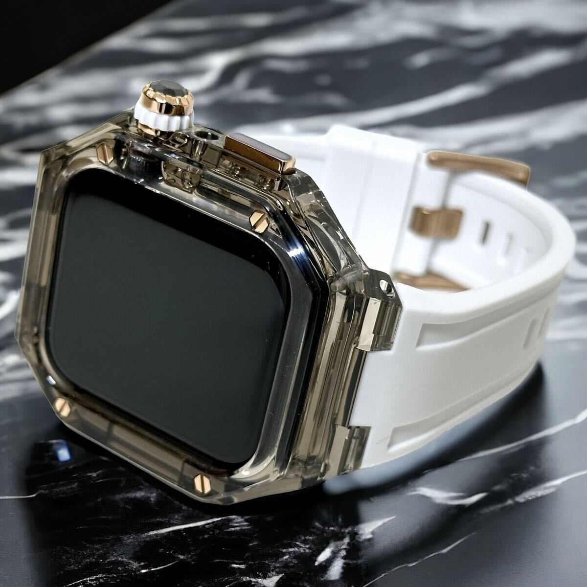 TBW☆ブラック ホワイト☆アップルウォッチバンド ラバーベルト カバー Apple Watch クリア ケース 40mm 41mm 44mm 45mm 46mm 49mm 4ネジ拍卖