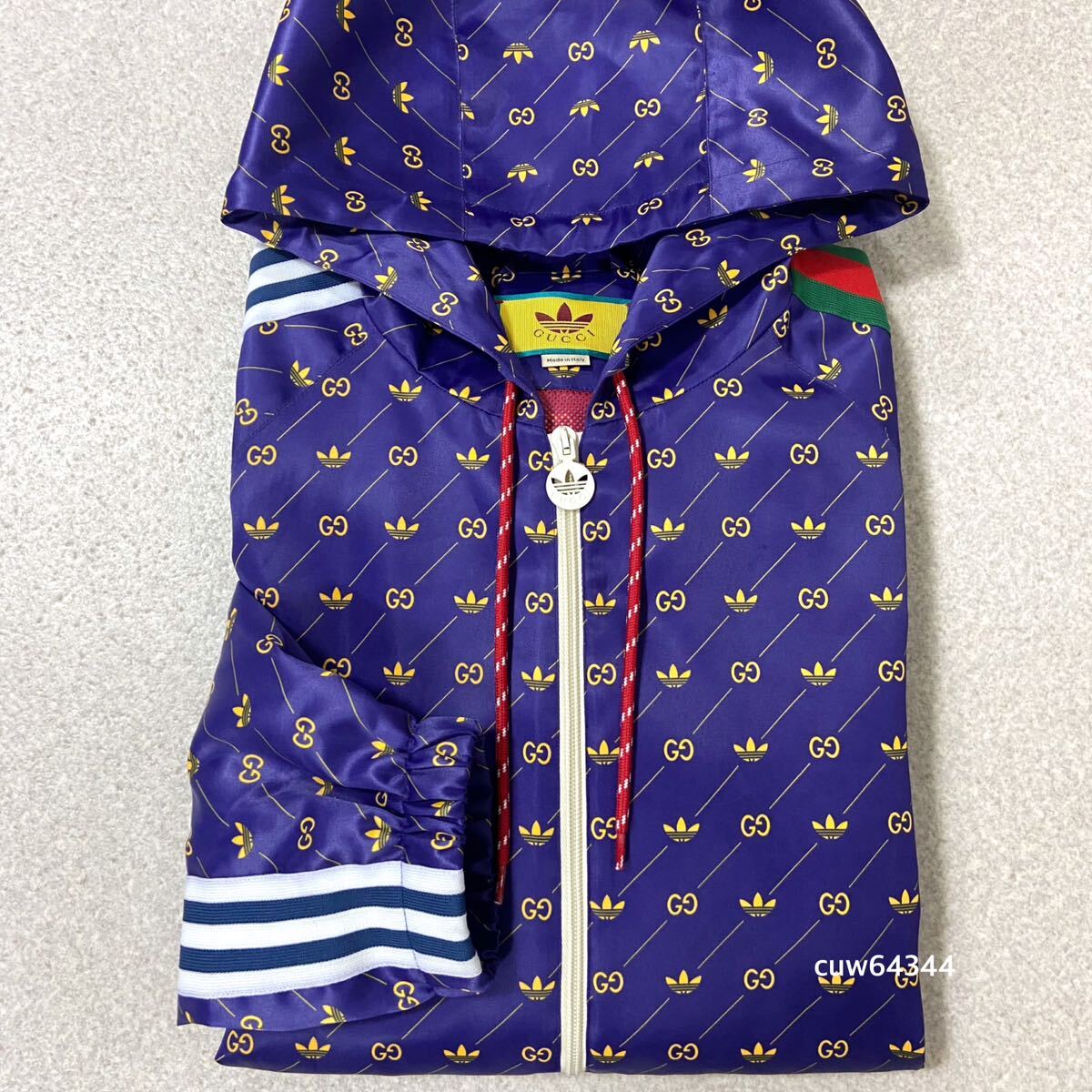 国内正規品 22ss 美品 48(L〜XL) GUCCI グッチ×adidas アディダス 総柄ロゴ ナイロン フーデッド サイドライン ジャケット アノラック拍卖