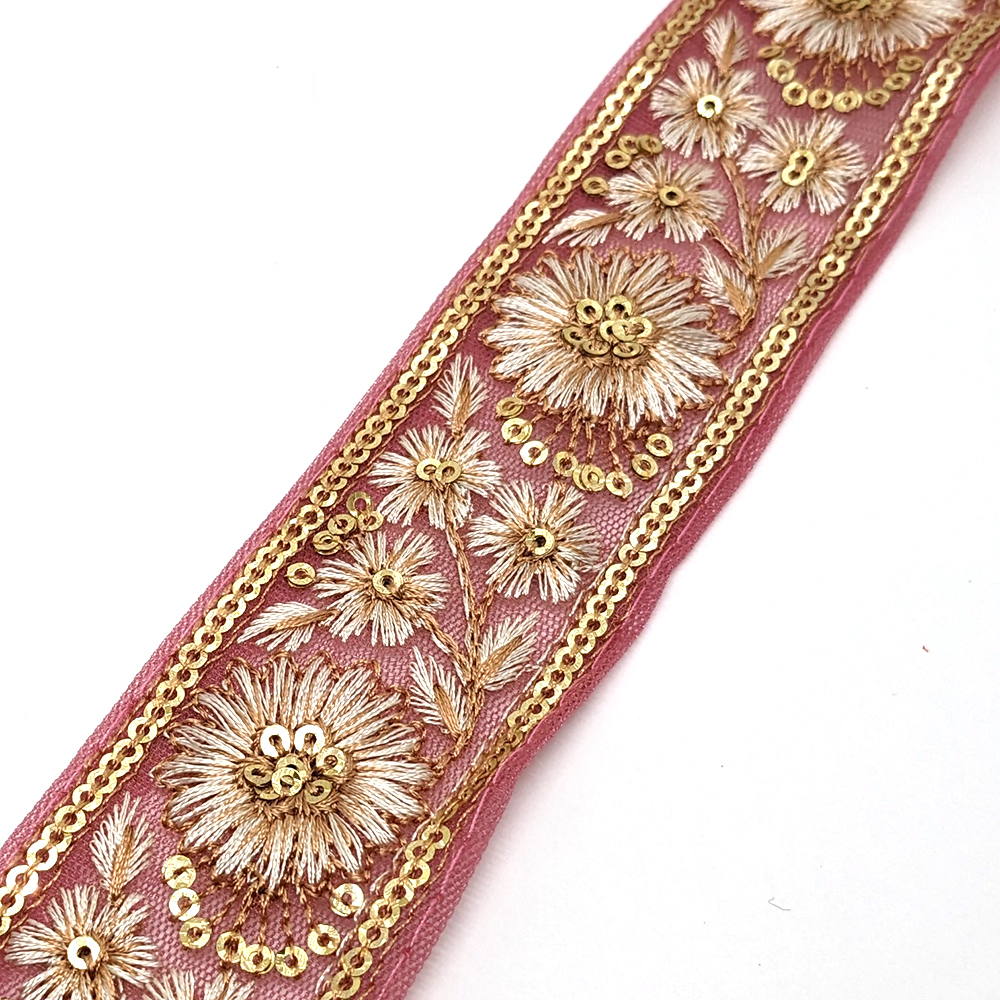 インド刺繍リボン 約40mm メッシュピンク PK005拍卖