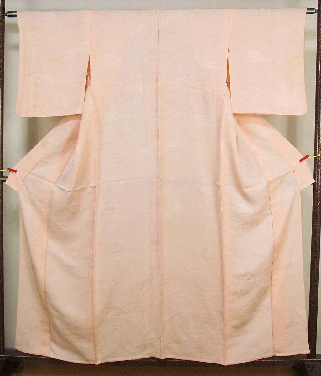 ち157 正絹 単衣 色無地着物 1つ紋入り 葉の地模様 身丈158cm ◎◎セール◎◎拍卖