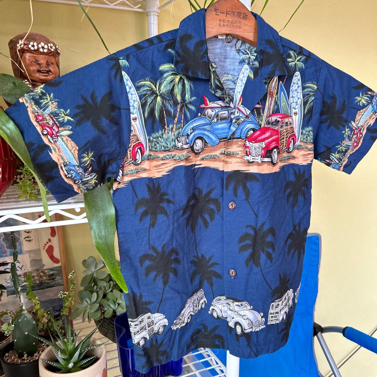 ハワイ製 キッズ アロハシャツ 紺 S拍卖