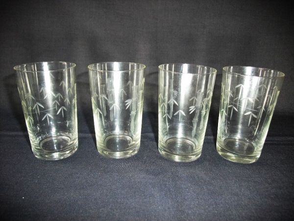 【睦】ガラスコップ 手彫り 切子 竹 厚さ 1mm アンティーク 4個 骨董■拍卖