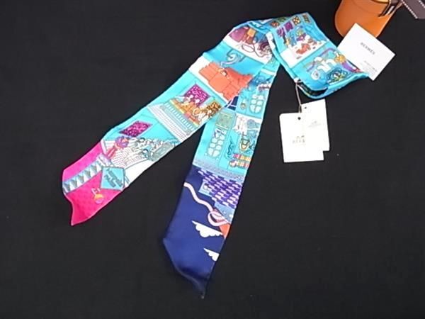 ■新品■未使用■ HERMES エルメス LA MAISON DES CARRES シルク100% ツイリー リボンスカーフ ブルー系 AV8991拍卖