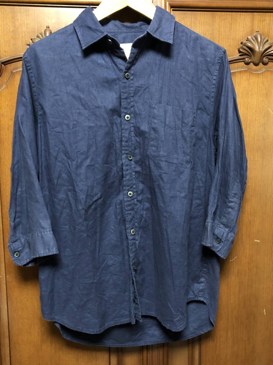 COen コーエン 五分丈?七分丈?シャツ ヘンプ56%綿44%混紡 ネイビー Mサイズ拍卖