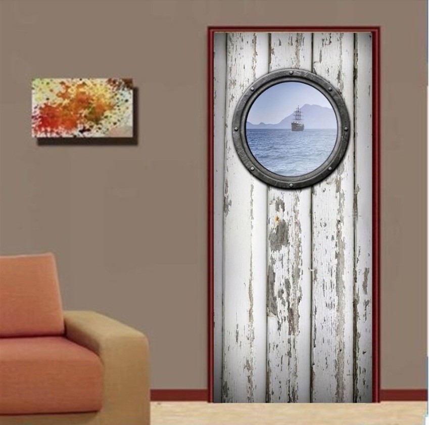 A1895 ドア 扉 ステッカー シール 取付 簡単 防水 ビニール 壁紙 部屋 ウォール 小 窓 フェイク 海 波 船 白 木 目 風景 77*200cm【1936】拍卖