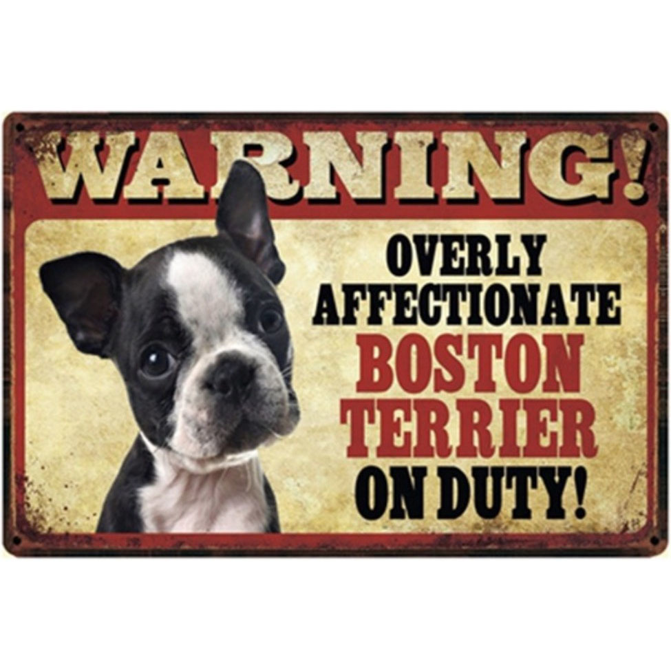 A827 メタル サイン 金属 製 ブリキ 看板 プレート パネル 注意 警告 危険 防犯 動物 ペット 猛 犬 ボストン テリア【2943拍卖
