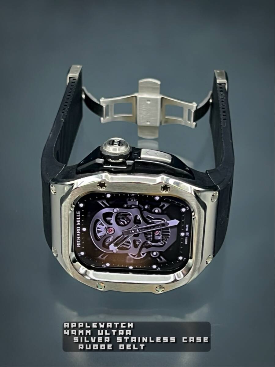 アップルウォッチ シルバー ステンレス ケース ブラック ラバー ベルト applewatch 49mm ウルトラ用 ゴールデンコンセプト拍卖