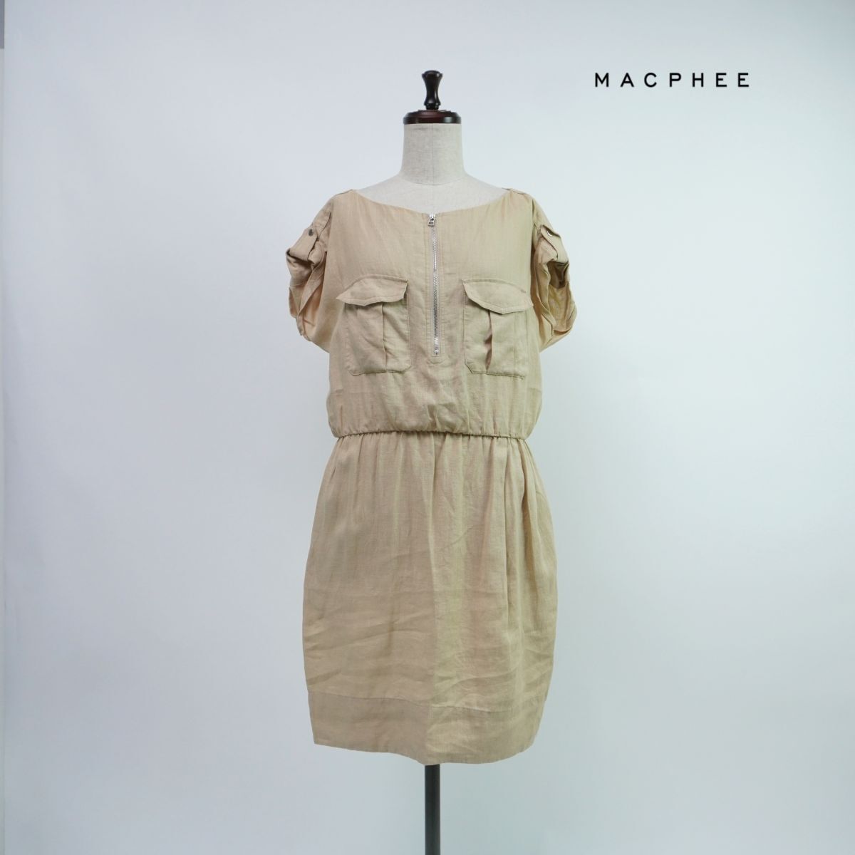 美品 MACPHEE マカフィー リネン100% ハーフジップ コクーンワンピース ミニ丈 裏地無し トップス レディース ベージュ サイズ38*PC806拍卖