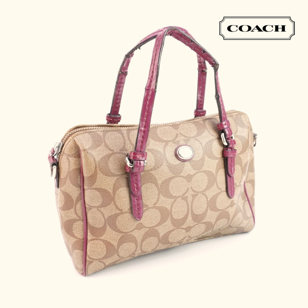 COACH コーチ ハンドバッグ 総柄 シグネチャー シルバー金具 レザー エナメル ブラウン ピンク@KG115拍卖