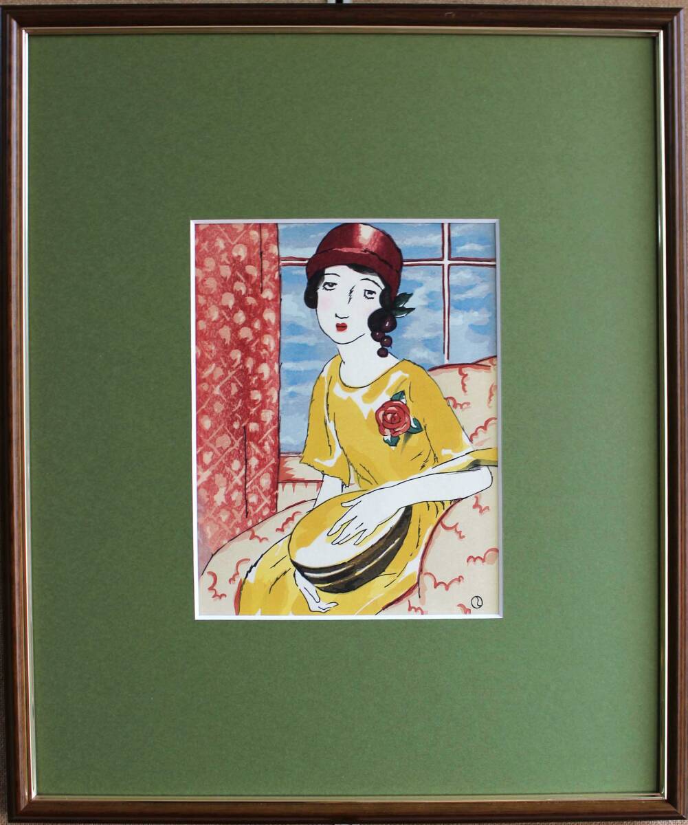 真作保証 額装 竹久夢二 木版画 マンドリーヌ 初版 昭和中期 大正ロマンを代表する夢二式美人を是非木版画でご堪能下さい!! 拍卖