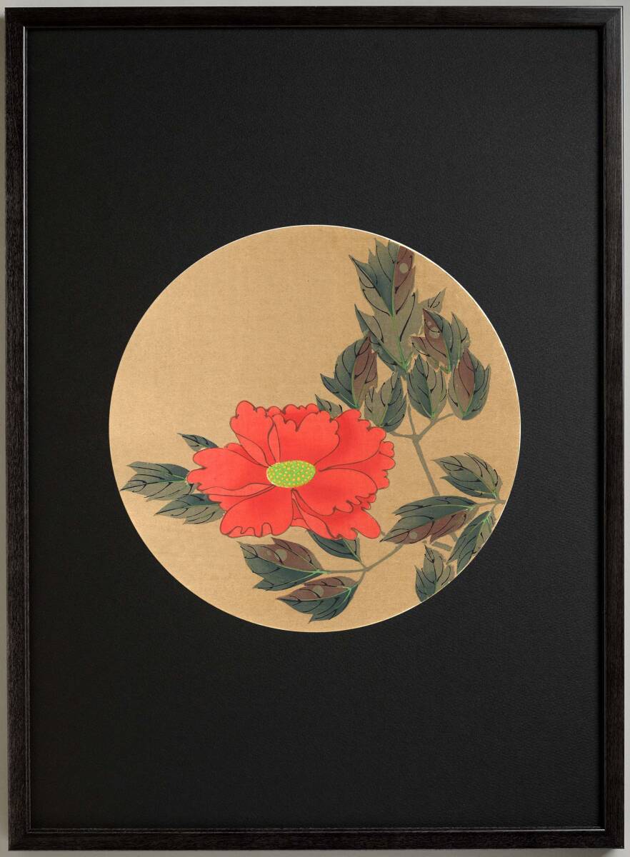 真作保証 若冲用丸窓額入り 伊藤若冲 格天井花画 木版画 牡丹 初版 明治期 若冲の晩年の作品を木版画で楽しむ!!拍卖