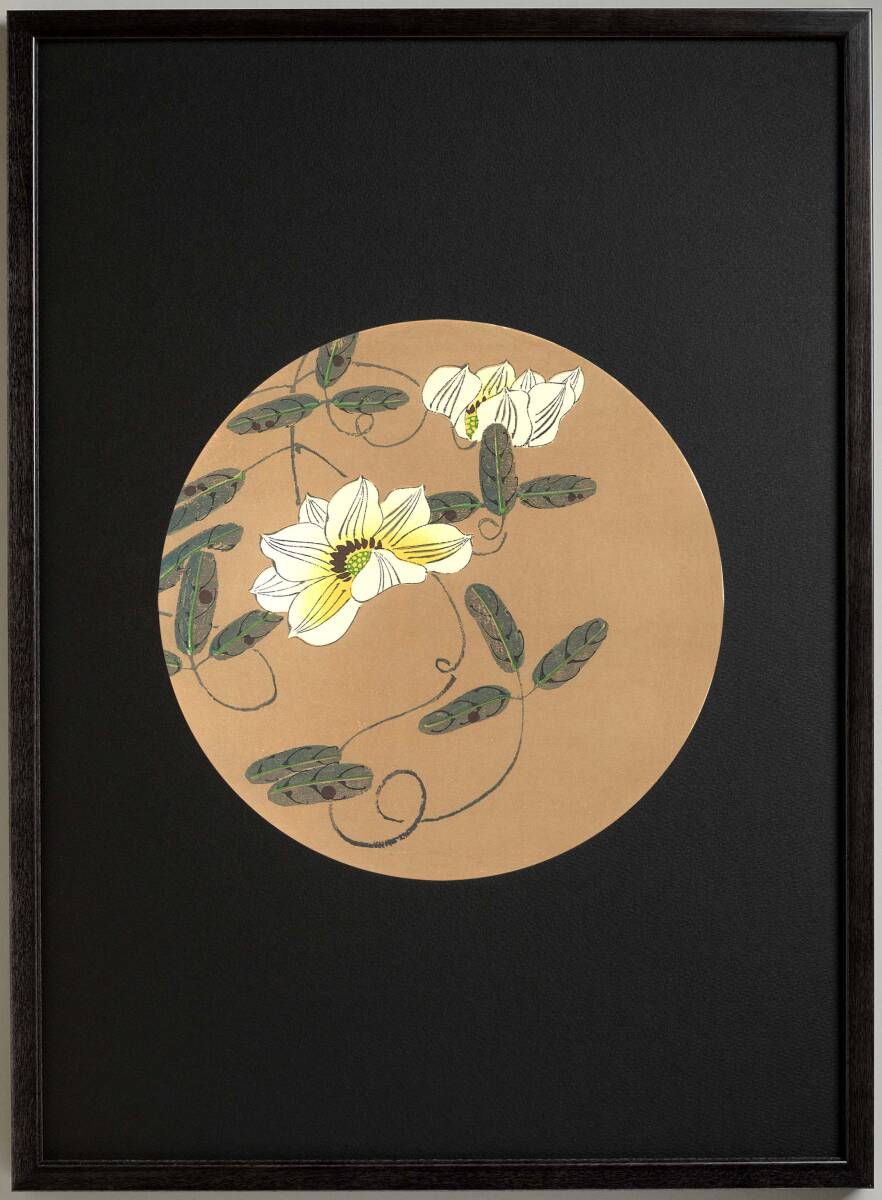 真作保証 若冲用丸窓額入り 伊藤若冲 格天井花画 木版画 鉄線蓮 初版 明治期 若冲の晩年の作品を木版画で楽しむ!!拍卖