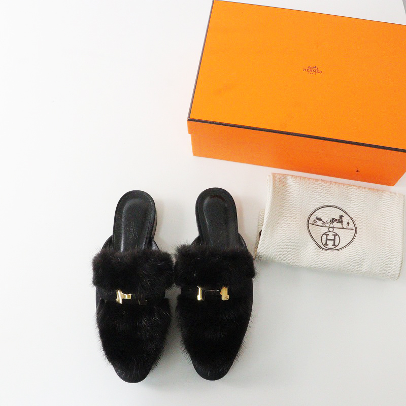 希少 最高級 箱付き エルメス HERMES パリ H金具 ミンクファー サンダル 38(24.5cm)//ブラック 黒 ミュール【2400013881258】拍卖