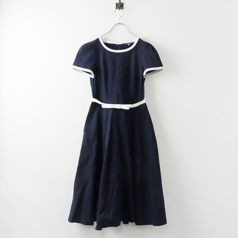 2023年 エムズグレイシー M'S GRACY リップル加工 ウエストリボン ワンピース 36/ネイビー プルオーバー 半袖【2400013871471】拍卖