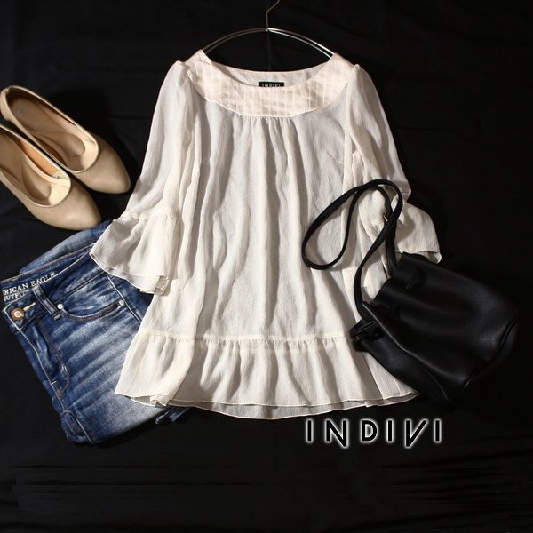 美品 INDIVI インディヴィ クレープ生地 シフォン カットソー 05号 XS 春 夏 24C05拍卖