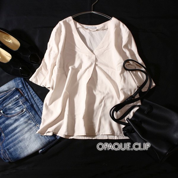 美品 (株)ワールド OPAQUE.CLIP オぺークドットクリップ 可愛いフレアスリーブ スキッパーカットソー 38号 M 春 夏 24D05拍卖