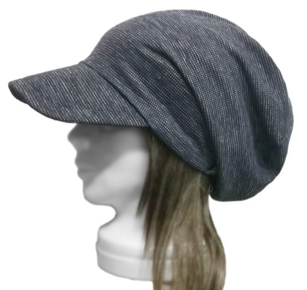 ハンドメイド◆つば広ルーズキャスケット◆ハーフリネンスラブニット/ネイビー系 ◇紫外線対策・ゆったり・小顔効果・オールシーズン着用拍卖