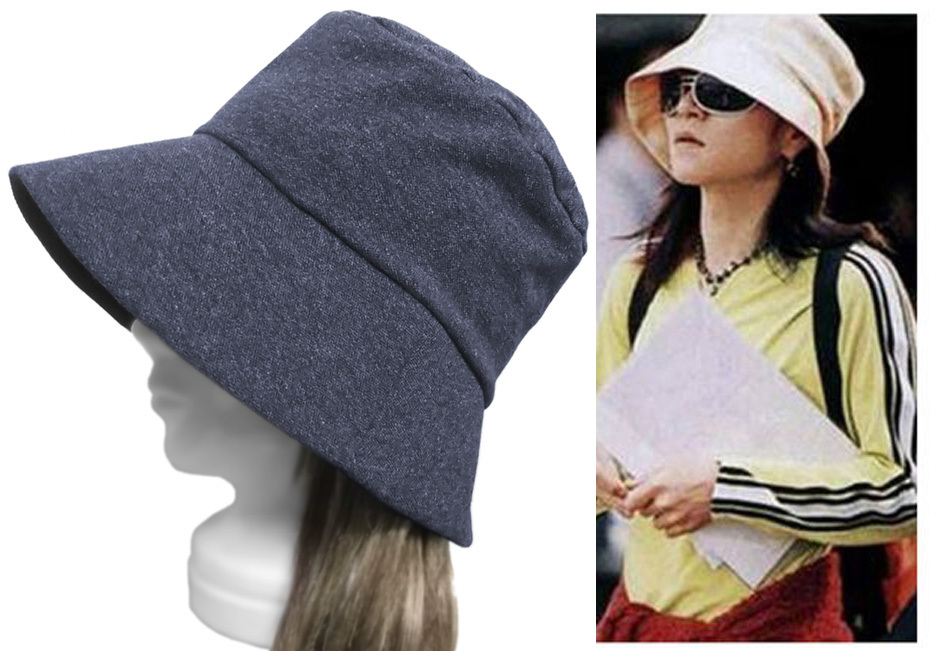 ハンドメイド◆X JAPAN◆hide風ハット/デニム調 鹿の子織コットンニット/杢ネイビー ◇紫外線対策・ゆったり・小顔効果・オールシーズン拍卖