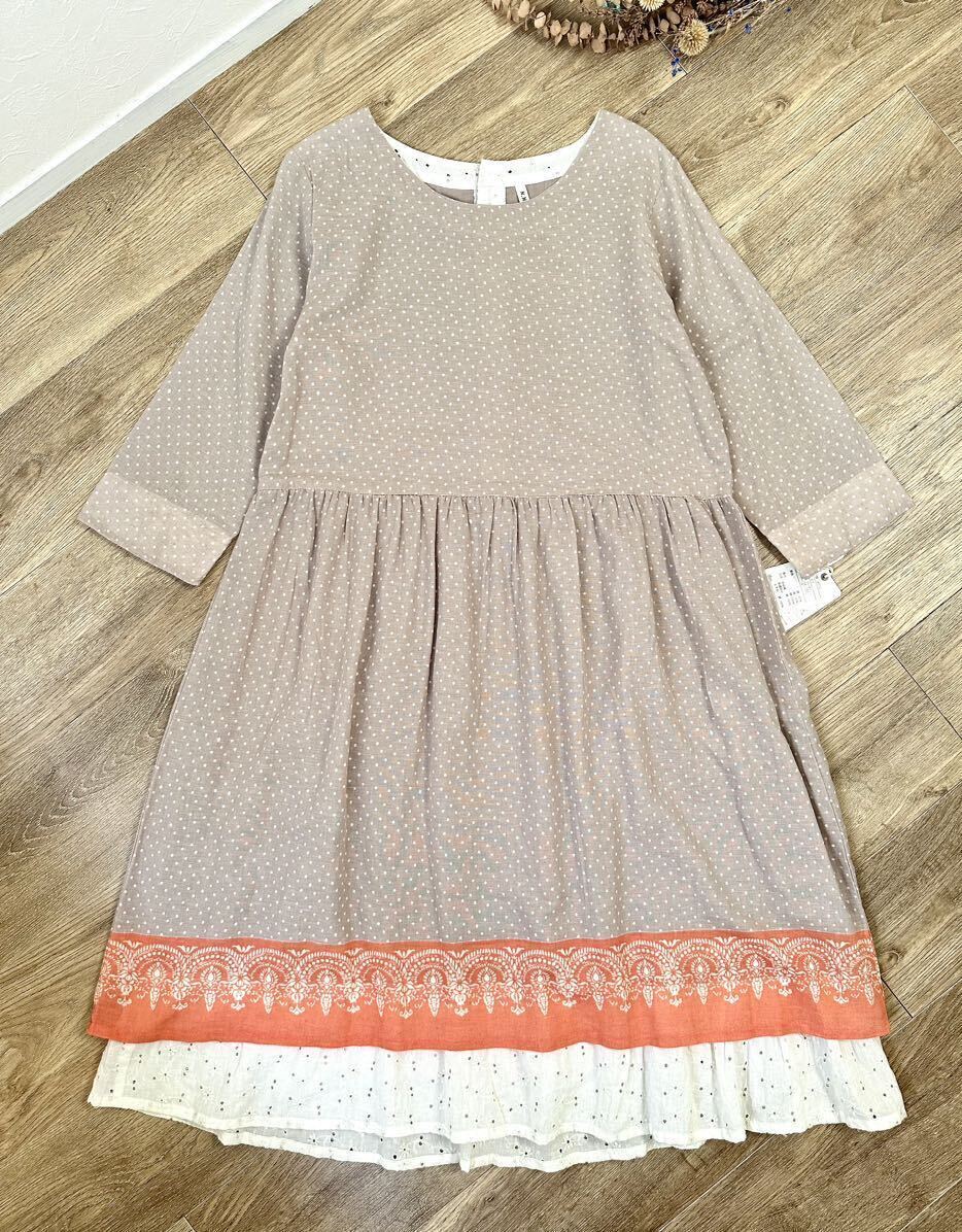 未使用 ドットプリント 綿レース 裏地付き ワンピース 綿麻素材 Mサイズ インド製拍卖