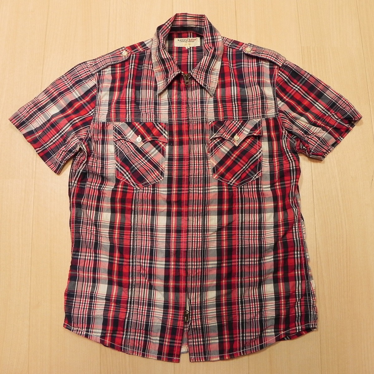 ☆ 即決 ☆ Levi's Red Tab リーバイス 古着 半袖 チェック フルジップ ジップアップ シャツ メンズ L レッド トップス 中古 ★a拍卖