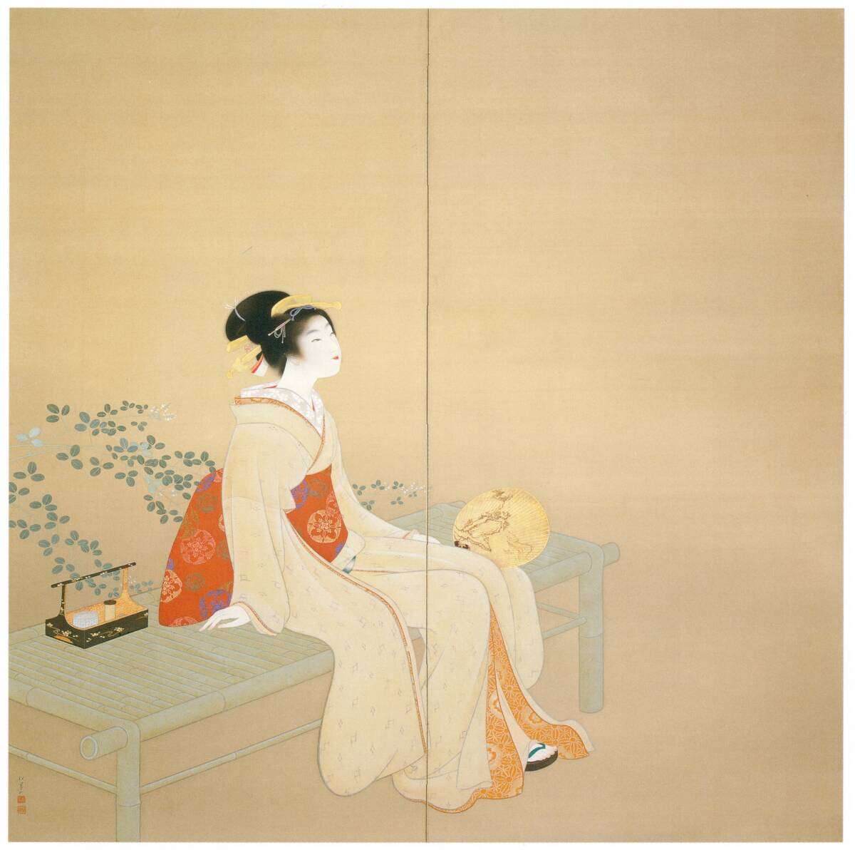 新品 上村松園「虹を見る 左隻」の特殊技法高級印刷 A4版サイズ 額なし 特価980円(送料込)即決拍卖