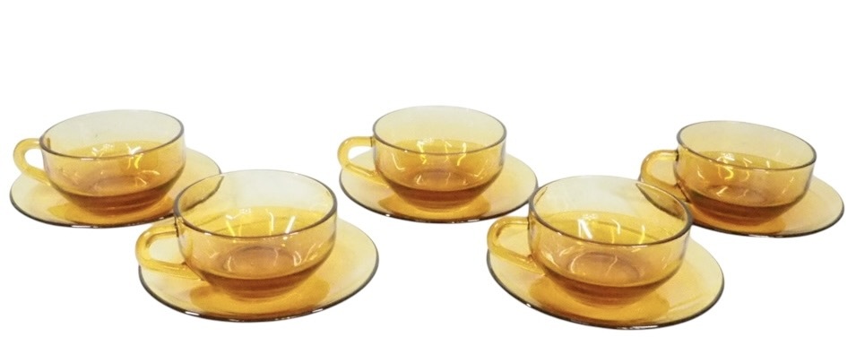 昭和レトロ 日本製 アデリアガラス アンバーカラー 琥珀色 「ADELEX アンバーガラスカップ&ソーサー5客セット」1970年代 SHI605拍卖