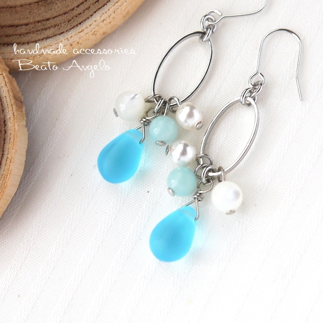 ◇◆+angelo+チェコドロップとアマゾナイトのオーバルピアス(p-541)アクアマット S 天然石 ライトブルー拍卖