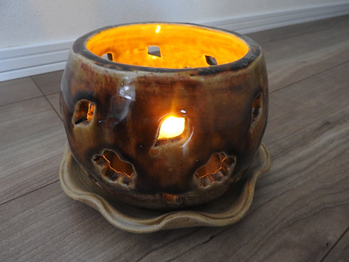 ★☆陶器 陶芸 キャンドル ランプ シェード 照明 卓上 インテリア 受け皿 キャメル 茶色 丸型☆★拍卖