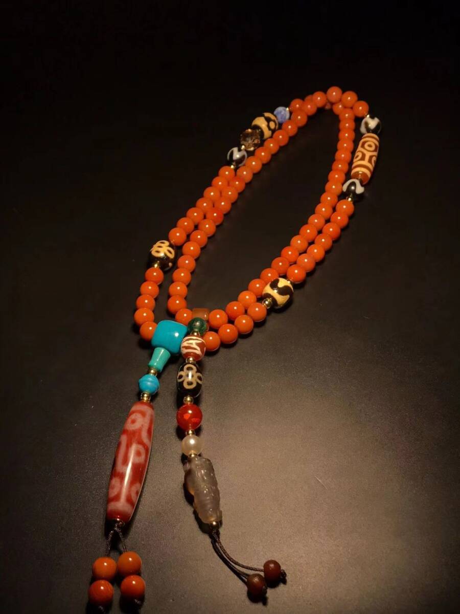 『清・古南紅彫・紅肉九眼・風化紋・手持・項鏈・箱付』極細工・東洋彫刻・骨董品・古賞物・中国古玩・中国古美術拍卖