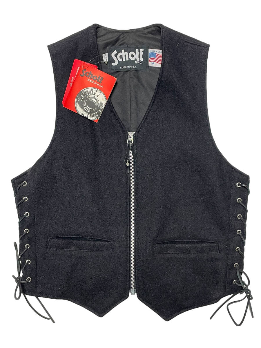未使用品 Mサイズ SCHOTT ショット 711V NAVY メルトン ベスト レザーレースアップ ネイビー 紺拍卖