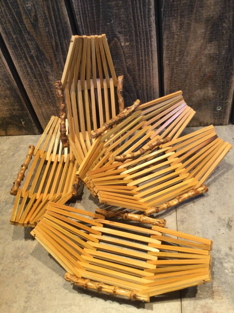 美品 舟型おしぼりトレイ 5客セット 竹製トレイ おしぼり置き おしぼり入れ 竹細工 アンティーク拍卖