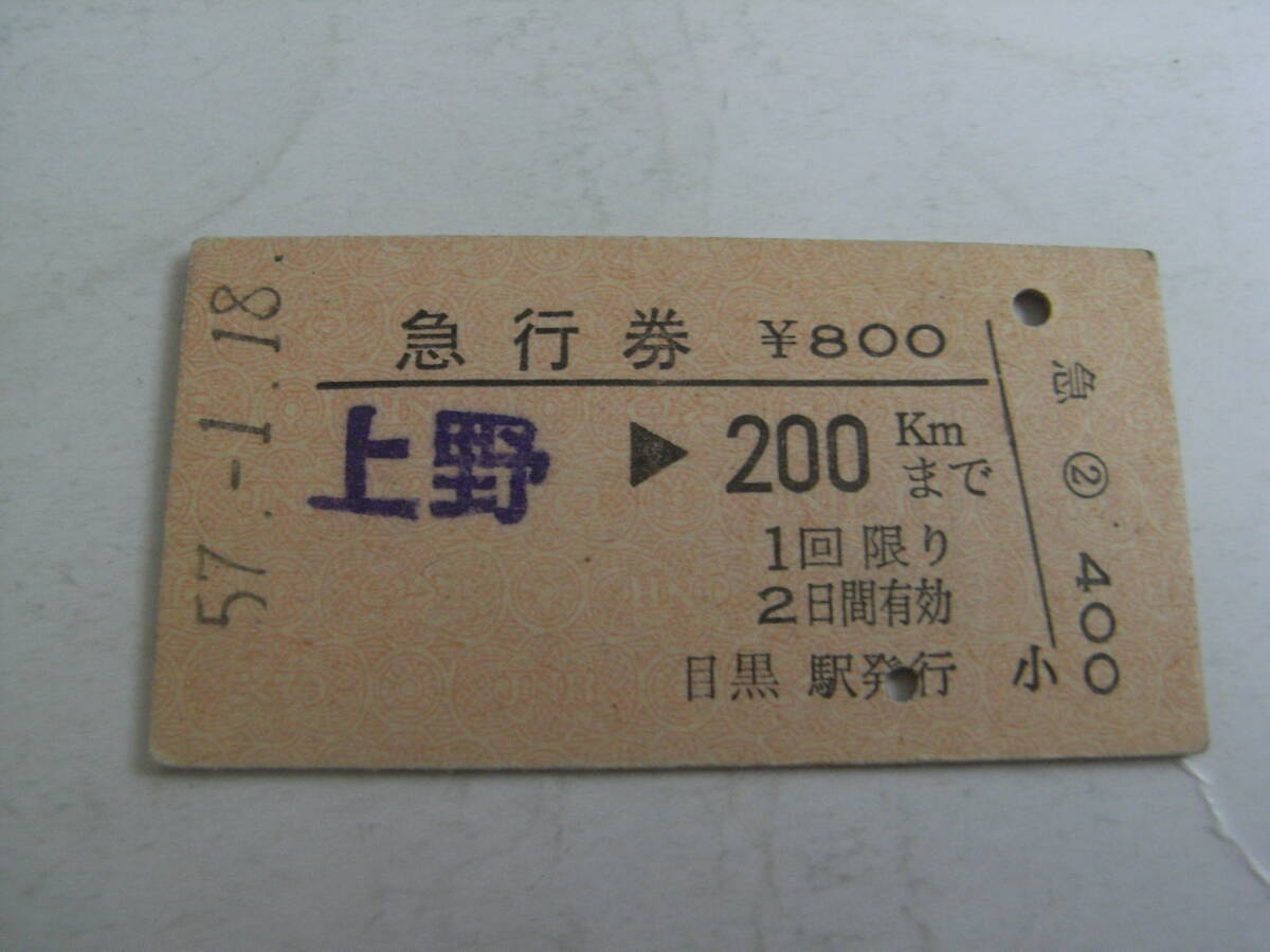 急行券 上野→200kmまで 昭和57年1月18日 目黒駅発行 国鉄拍卖